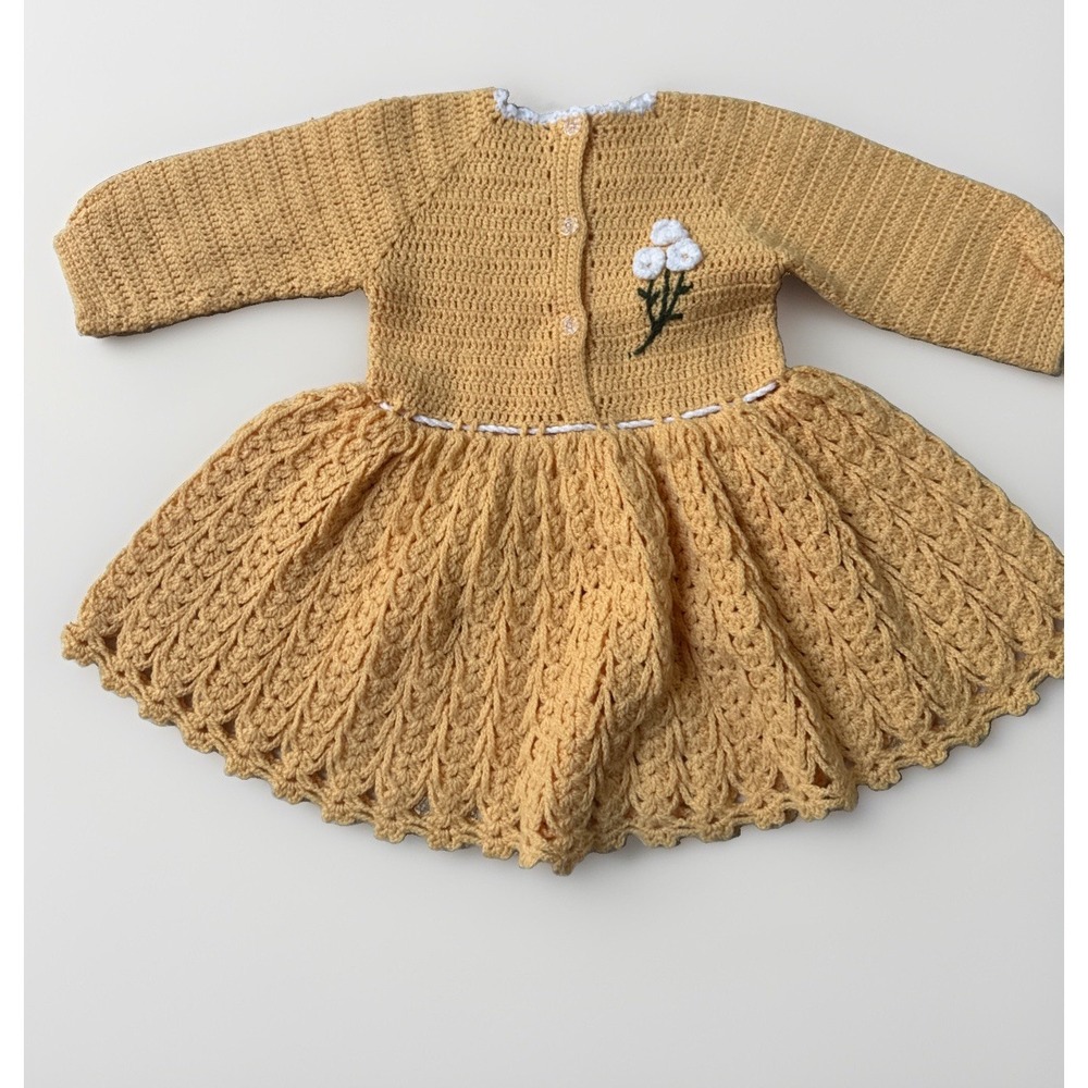 Handmade Crochet Approx A 3T (see Measurements) Toddler Dress Yellow Flower